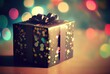 © World - Celebrate gift box on the table with defocused bokeh light background. New year event and Christmas celebration concept. Generative AI