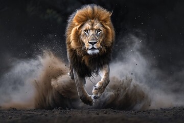 Wall Mural - High speed capture of a lion jumping at night, showing motion blur, dust, and detailed texture.