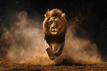 Wall Mural - Dynamic front-view image of a lion jumping with motion blur, dust flying, in a low-lit setting.