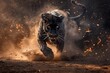 A panther running in darkness, surrounded by dust and fire flames, showcasing dynamic motion and detailed texture.