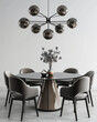 Beautiful dining table and chairs 3D generated, front view ad mockup, isolated on a white and gray background.