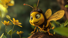 Bright-eyed, Animated Bee With A Friendly Smile Explores A Magical Forest, Landing On A Rugged Tree Stump Surrounded By Blooming Yellow Flowers, Embodying Joy And Nature's Whimsy