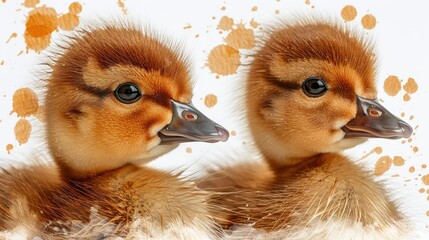 Poster -   Two baby ducks sitting side by side in front of a wall with splattered paint and brown spots