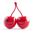 Two winking cherries connected with a happy expression on white background