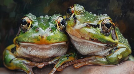 Wall Mural -   A close-up of two frogs perched on a person's hand, surrounded by raindrops falling from the sky above