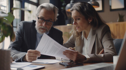 Two professional executives discussing financial accounting papers working together in office. Mature business woman manager consulting older man client holding legal documents at meeting