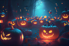 Mystery Forest With Many Glowing Jack O Lantern Pumpkins Background. Spooky And Halloween Day Concept. Generative AI