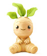 Cartoon ginger root character with a joyful expression and green shoots, sitting down on white