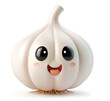 Garlic character with a cute face and roots visible on a white background