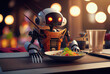 Gourmet humanoid robot as customer eating food in the restaurant. Business technology and innovation concept. Generative AI