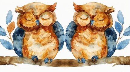 Wall Mural -  A watercolor image portrays two owls perched on a limb, their eyelids shut Surrounded by foliage, the serene