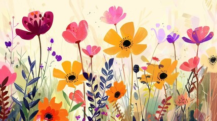 Wall Mural - A vibrant landscape of whimsical colorful flowers in bloom