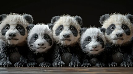 Wall Mural -   A group of pandas sitting on top of wooden floor against black background