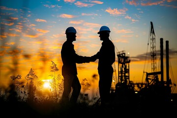 Poster - silhouette of engineer shaking hands with construction worker industry partnership concept