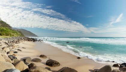 Wall Mural - vector ocean with blue sky and sandy beach and stones