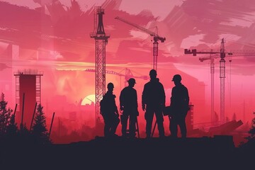 Poster - silhouetted engineers at construction site sunset pastel background concept illustration