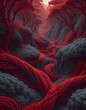 Red and black abstract painting of a twisted, tangled mass of threads creating a forest landscape with a sense of chaos and confusion, Generative AI.