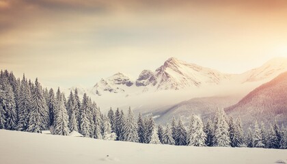 Wall Mural - lovely winter mountain illustration in a classic vintage art