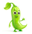 Cheerful green pea character with a sprout and a friendly wave over white background