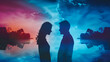 Silhouetted Couple Against Surreal Sunset. Silhouette of a young couple with vibrant, surreal sunset and cloudscape background.