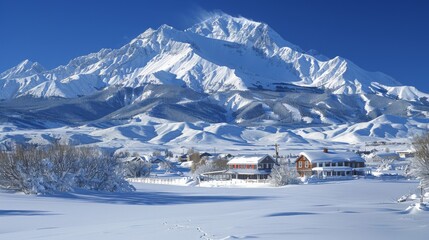 Wall Mural - A snowy mountain with a house in the distance, AI