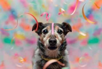 Poster - A dog with a pink ribbon in his mouth and a bunch of confetti. Generative AI.