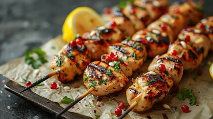 Sticker -   Close-up of chicken skewers on a cutting board with lemon wedges and garnishes