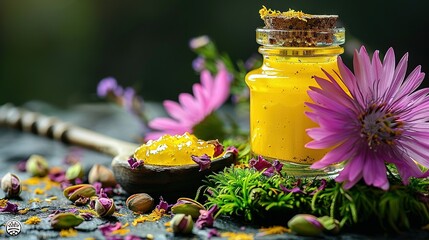 Wall Mural -   A jar containing yellow liquid sits beside purple flowers, and a spoon holding a yellow substance rests atop it