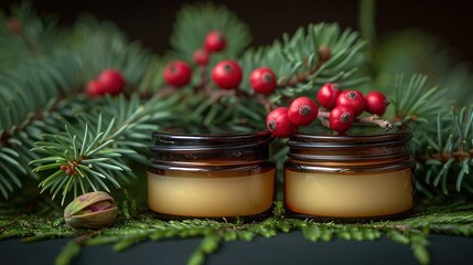 Sticker -   A pair of jars perched atop a table adjacent to a pine tree laden with ripe red berries
