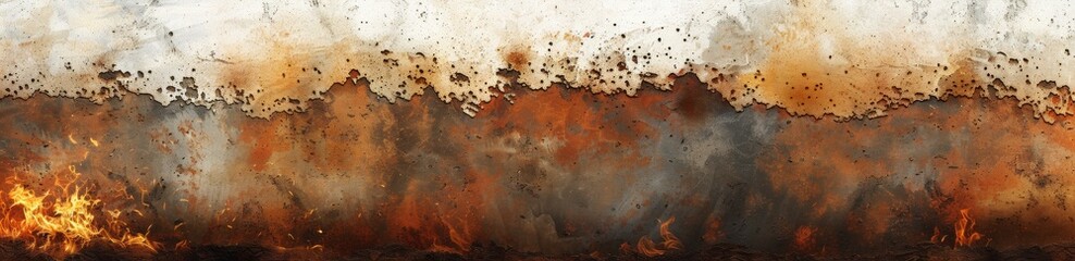 Wall Mural - A burning wall of rusted metal on the horizon against a white background, with brush strokes in the style of a digital art painting.