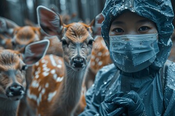Wall Mural - A health worker in a protective mask tries to see H5N6 deer viruses on deer in a street farm, Chinese photography style, photorealistic photography, real photos, high definition details