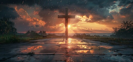 Wall Mural - A large cross is placed on the concrete floor, with dark clouds in front of it and sunlight shining through them. The sky above features an orange sunset. In some places there can be raindrops