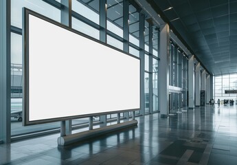 Wall Mural - A mockup of an empty digital signage screen hanging on the wall in front, white frame with black background inside a modern airport terminal with glass walls and high ceilings, low angle shot