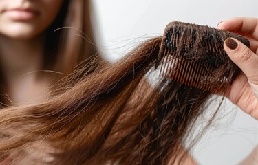 Poster - A person holding a hairbrush with thick, long brown hair with broken ends on a white background. The image is taken from the side, the hair is being combed in the style of woman's hands, a closeup