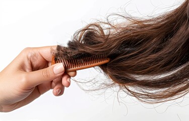 Sticker - A person holding a hairbrush with thick, long brown hair with broken ends on a white background. The image is taken from the side, the hair is being combed in the style of woman's hands, a closeup 