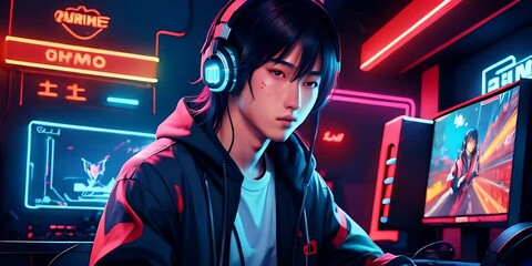 Wall Mural - Anime asian boy gamer with headphone playing in videogame saloon