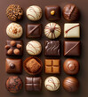 Assorted gourmet chocolates arranged neatly against a brown backdrop