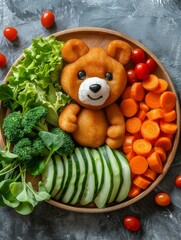 Wall Mural - A toy bear made out of vegetables is on a plate. Generative AI.