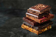 Stack of assorted chocolate bars with nuts and fruit toppings on dark background with copy space