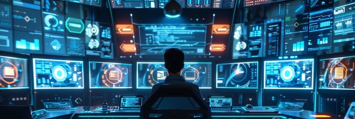 A 3Drendered scene shows a software developer coding at a workstation surrounded by virtual reality screens
