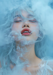 Wall Mural - A woman is in a blue room with smoke and steam