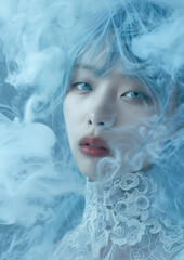 Wall Mural - A woman with blue hair and a lace collar is surrounded by smoke