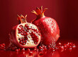 Cut and whole pomegranates with water droplets on red background