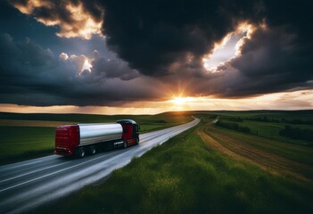 Wall Mural - 'driving truck road sunset asphalt landscape rural clouds dark trucking lorry trailer car vehicle automobile freight haulage logistic cargo delivery transport traffic transit transportation'