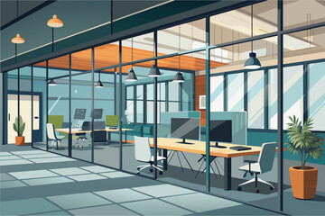Aufkleber - A modern office space with glass partition walls, concrete floors, and minimalist metal desks