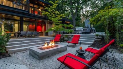 Wall Mural - Vibrant red chairs and a matching fire pit add a pop of color to this otherwise neutral outdoor living space. 2d flat cartoon.