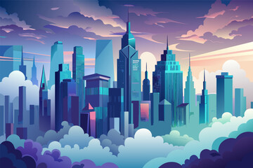 Poster - A mist-covered city skyline, with skyscrapers disappearing into the clouds and creating a surreal and otherworldly vista