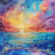 A beautiful watercolor painting of a sunset over the ocean