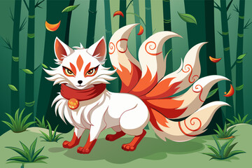 A mischievous kitsune (Japanese fox spirit) with nine tails and playful eyes, weaving magic in a bamboo forest.