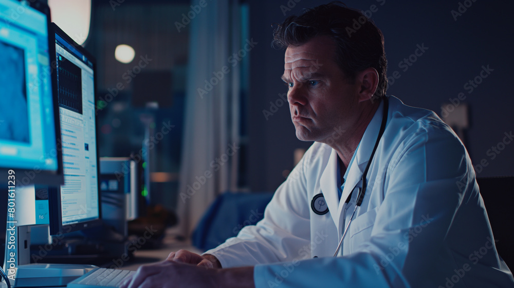Illustration Stock With the glow of the computer screen casting a soft ...